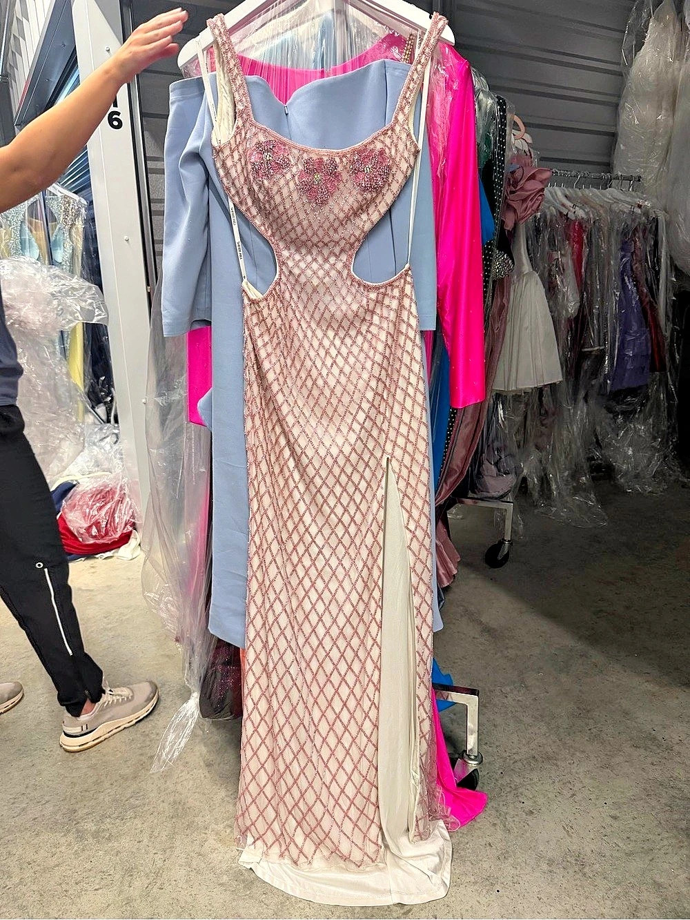 Sherri Hill 57883 Pearl Beaded Fitted Prom Dress 57883 Pink & White Maxi Dress